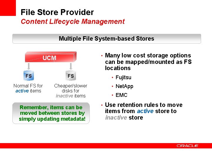 File Store Provider Content Lifecycle Management Multiple File System-based Stores • Many low cost