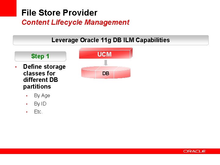 File Store Provider Content Lifecycle Management Leverage Oracle 11 g DB ILM Capabilities Step