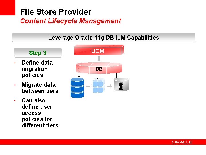 File Store Provider Content Lifecycle Management Leverage Oracle 11 g DB ILM Capabilities •