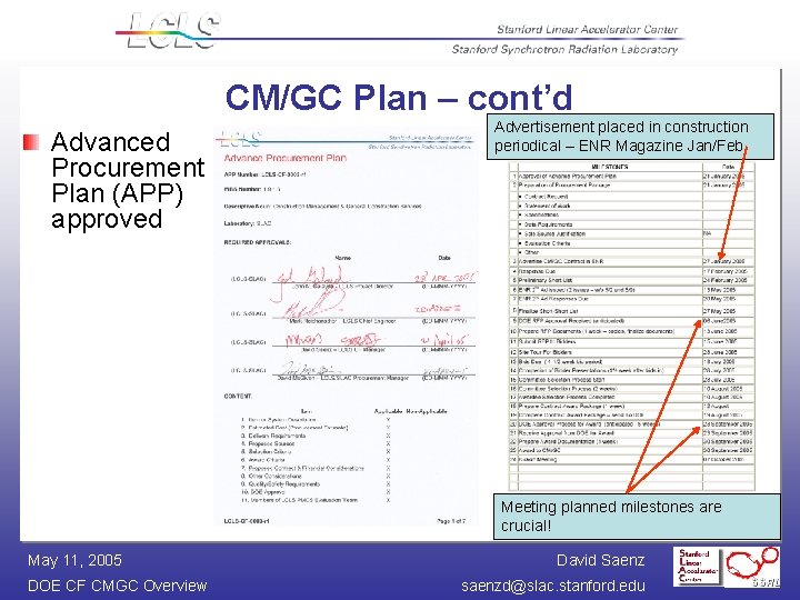 CM/GC Plan – cont’d Advanced Procurement Plan (APP) approved Advertisement placed in construction periodical