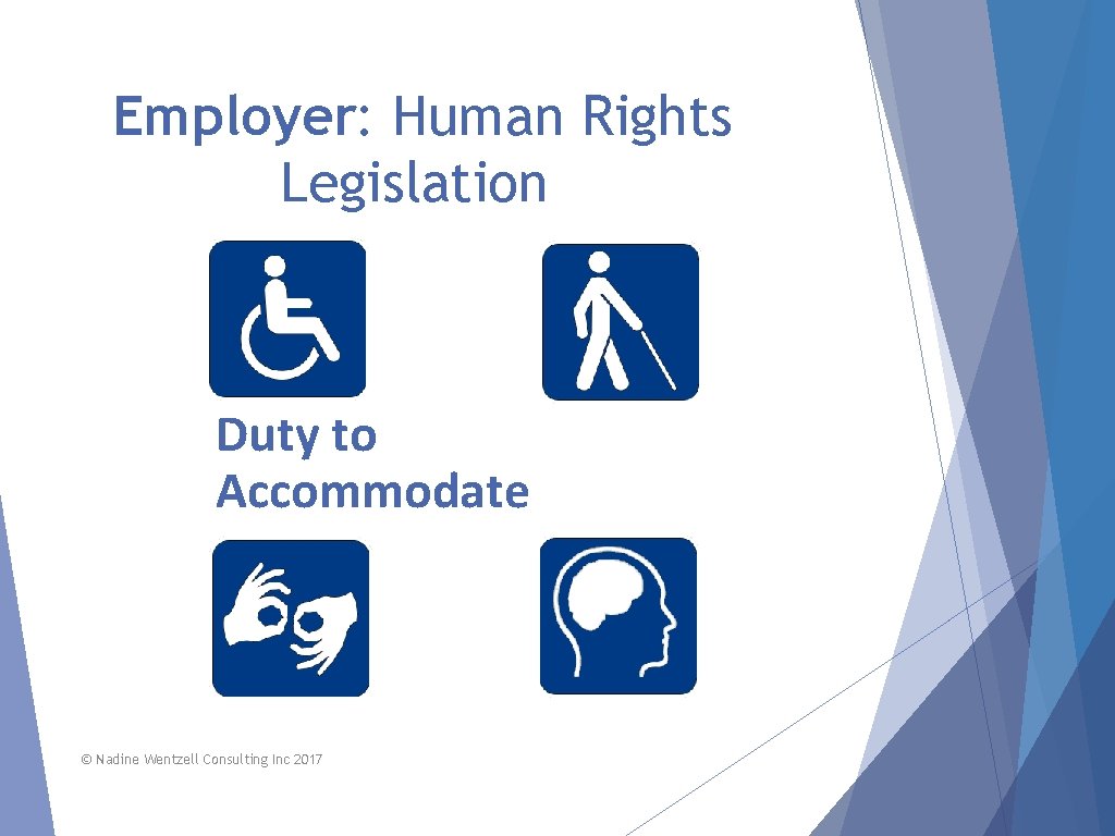 Employer: Human Rights Legislation Duty to Accommodate © Nadine Wentzell Consulting Inc 2017 