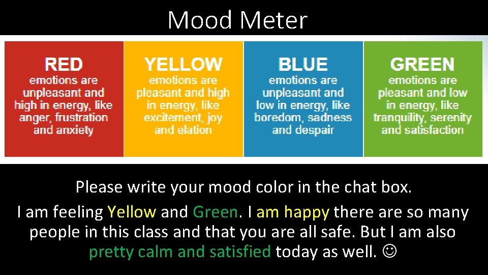 Mood Meter Please write your mood color in the chat box. I am feeling