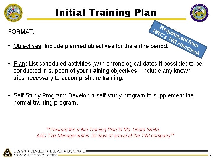 Initial Training Plan Re H FORMAT: RC quire ’s T me WI nt fr