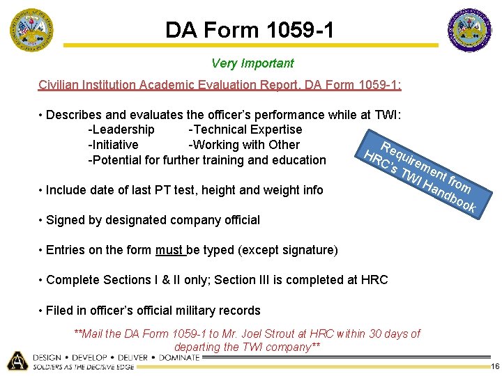 DA Form 1059 -1 Very Important Civilian Institution Academic Evaluation Report, DA Form 1059