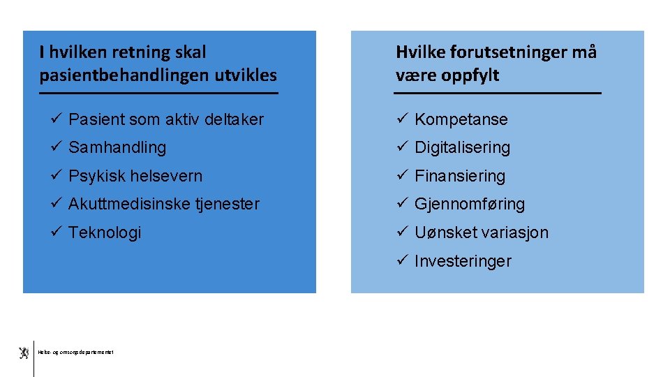 I hvilken retning skal pasientbehandlingen utvikles Hvilke forutsetninger må være oppfylt ü Pasient som