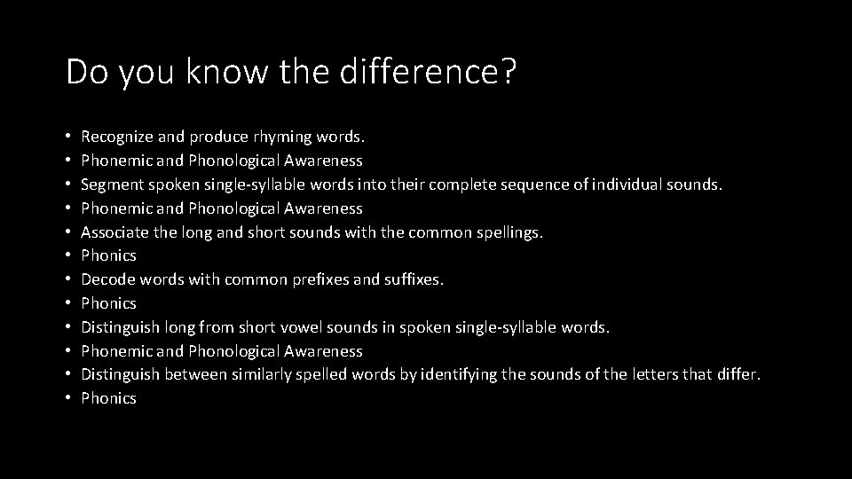 Do you know the difference? • • • Recognize and produce rhyming words. Phonemic