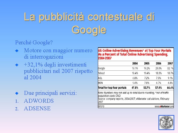 La pubblicità contestuale di Google Perché Google? Motore con maggior numero di interrogazioni +32,