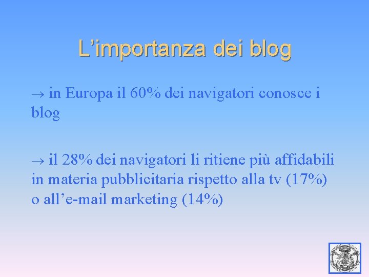 L’importanza dei blog in Europa il 60% dei navigatori conosce i blog il 28%