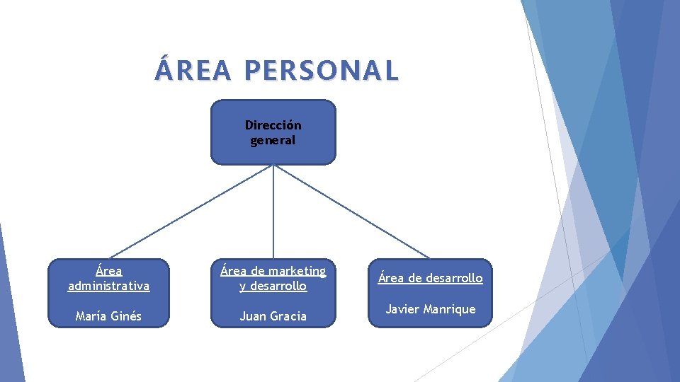ÁREA PERSONAL Dirección general Área administrativa Área de marketing y desarrollo María Ginés Juan