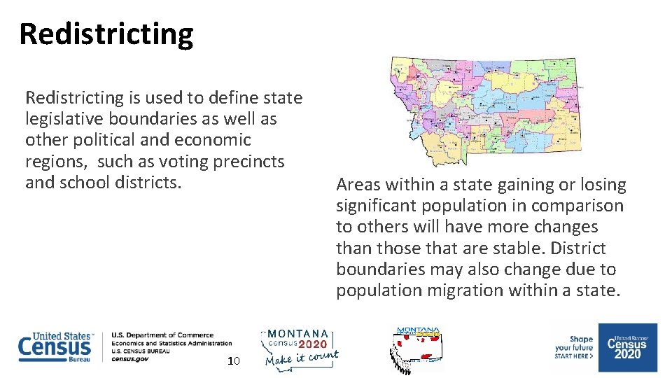 Redistricting is used to define state legislative boundaries as well as other political and