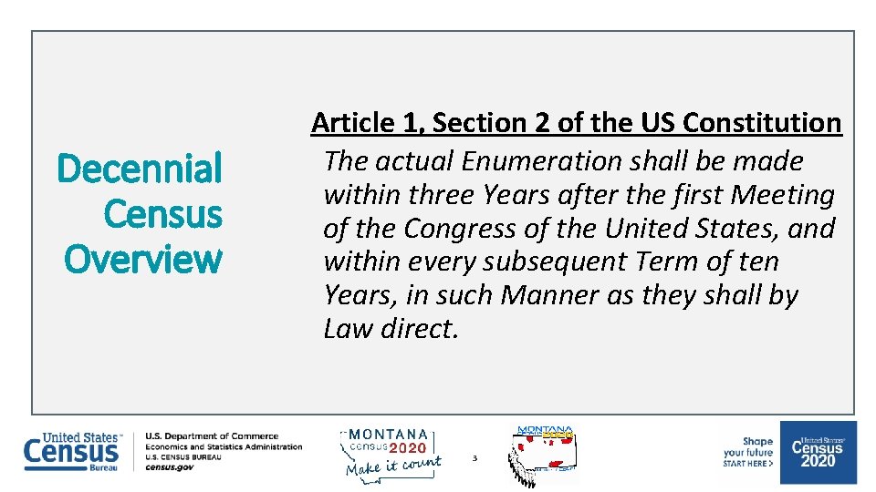 Decennial Census Overview Article 1, Section 2 of the US Constitution The actual Enumeration