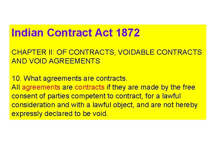 Indian Contract Act 1872 CHAPTER II: OF CONTRACTS, VOIDABLE CONTRACTS AND VOID AGREEMENTS 10.