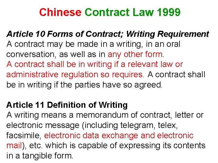 Chinese Contract Law 1999 Article 10 Forms of Contract; Writing Requirement A contract may