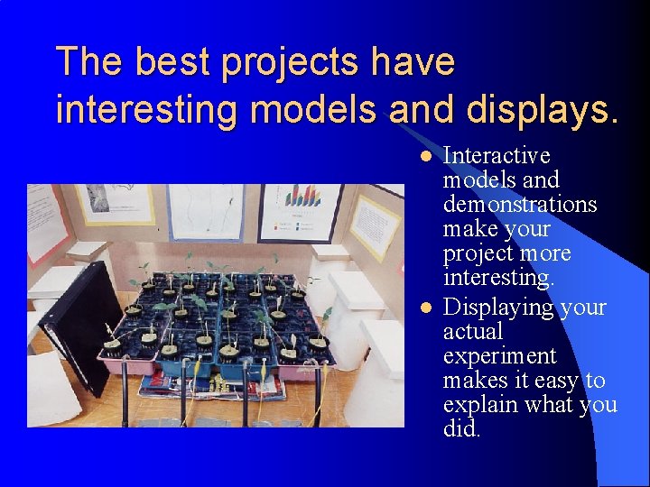 The best projects have interesting models and displays. l l Interactive models and demonstrations