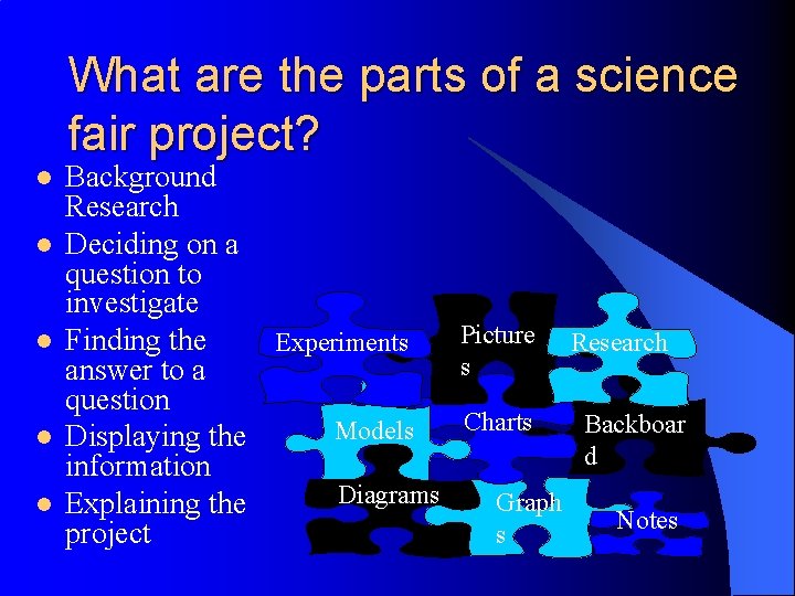 What are the parts of a science fair project? l l l Background Research