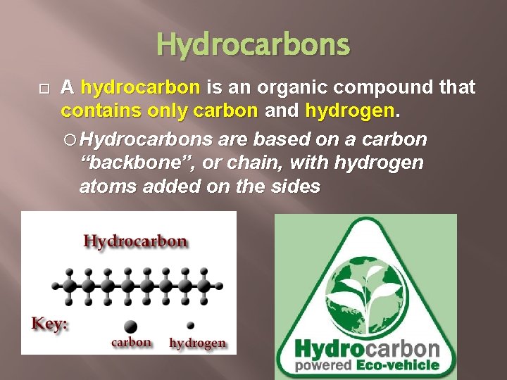 Hydrocarbons A hydrocarbon is an organic compound that contains only carbon and hydrogen. Hydrocarbons