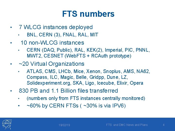 FTS numbers • 7 WLCG instances deployed • 10 non-WLCG instances • • •
