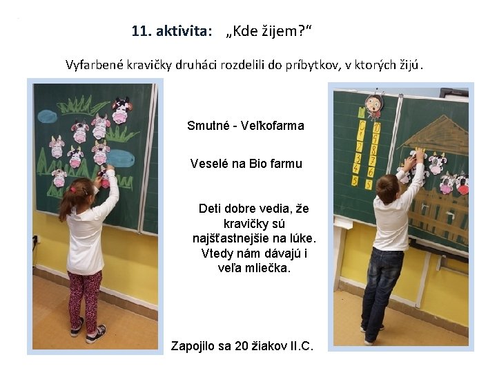 11. aktivita: „Kde žijem? “ Vyfarbené kravičky druháci rozdelili do príbytkov, v ktorých žijú.