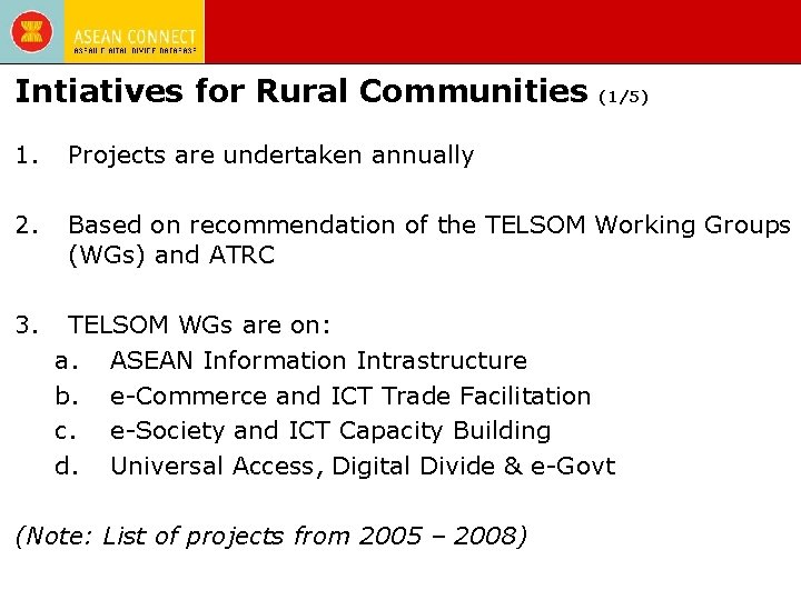 Intiatives for Rural Communities (1/5) 1. Projects are undertaken annually 2. Based on recommendation