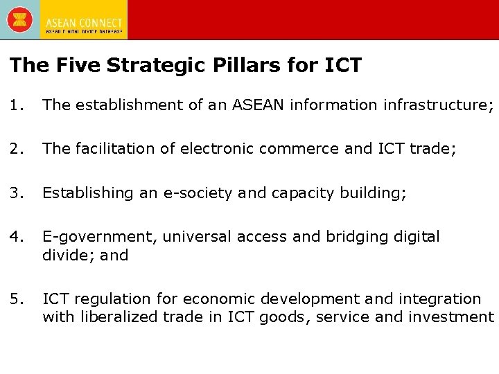 The Five Strategic Pillars for ICT 1. The establishment of an ASEAN information infrastructure;