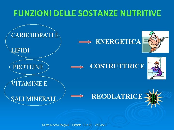 FUNZIONI DELLE SOSTANZE NUTRITIVE CARBOIDRATI E ENERGETICA LIPIDI PROTEINE COSTRUTTRICE VITAMINE E SALI MINERALI