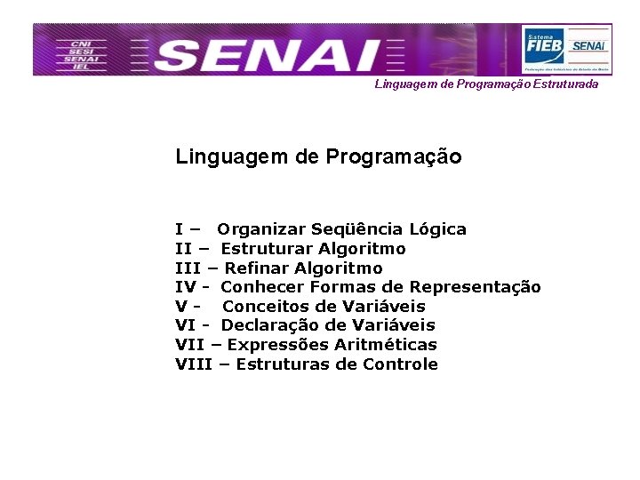 Linguagem de Programação Estruturada Linguagem de Programação I – Organizar Seqüência Lógica II –