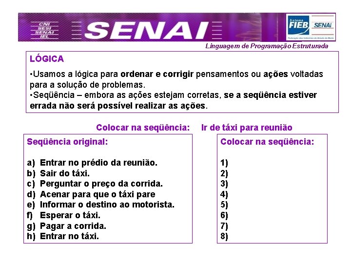 Linguagem de Programação Estruturada LÓGICA • Usamos a lógica para ordenar e corrigir pensamentos