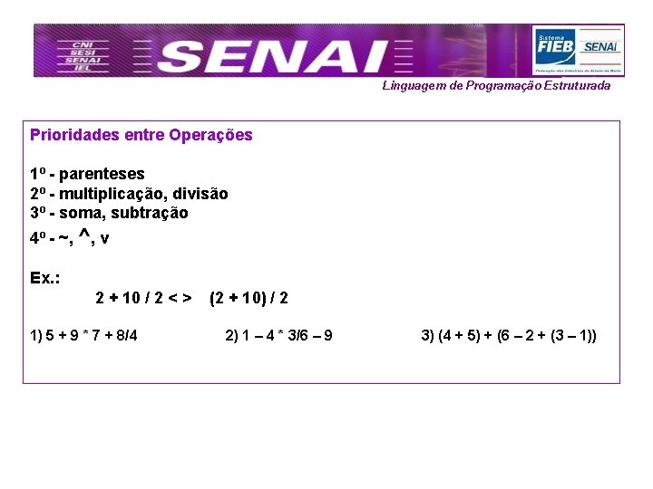 Linguagem de Programação Estruturada Prioridades entre Operações 1º - parenteses 2º - multiplicação, divisão