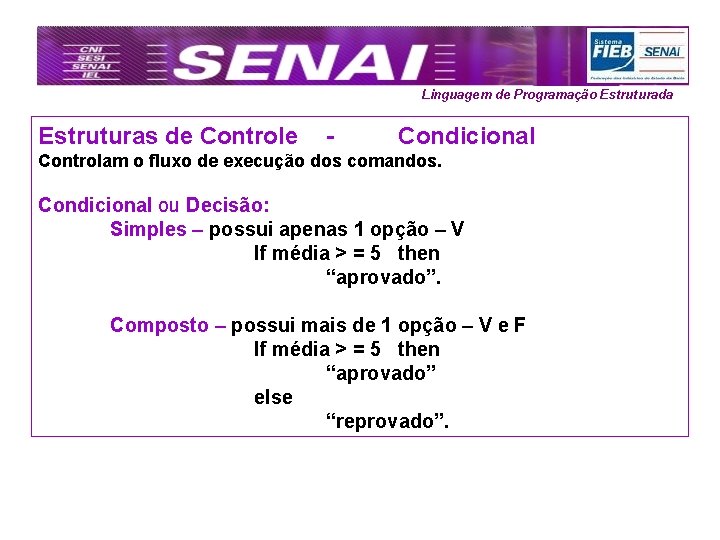 Linguagem de Programação Estruturada Estruturas de Controle - Condicional Controlam o fluxo de execução