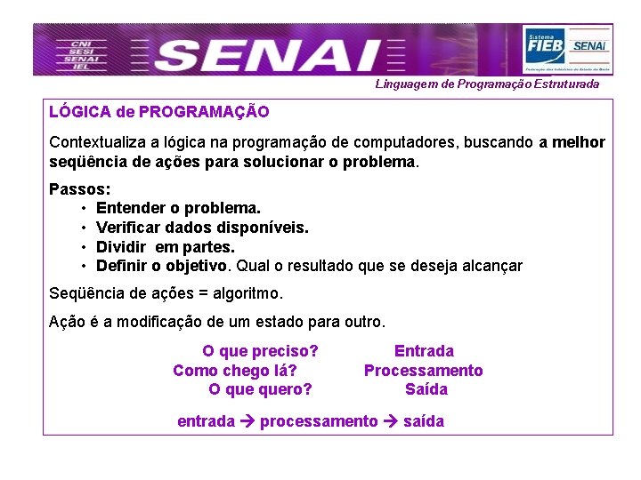 Linguagem de Programação Estruturada LÓGICA de PROGRAMAÇÃO Contextualiza a lógica na programação de computadores,