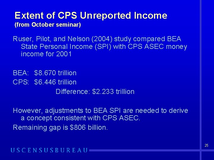 Extent of CPS Unreported Income (from October seminar) Ruser, Pilot, and Nelson (2004) study