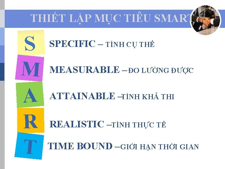 THIẾT LẬP MỤC TIÊU SMART S M A R T SPECIFIC – TÍNH CỤ