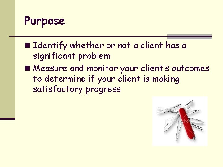 Purpose n Identify whether or not a client has a significant problem n Measure