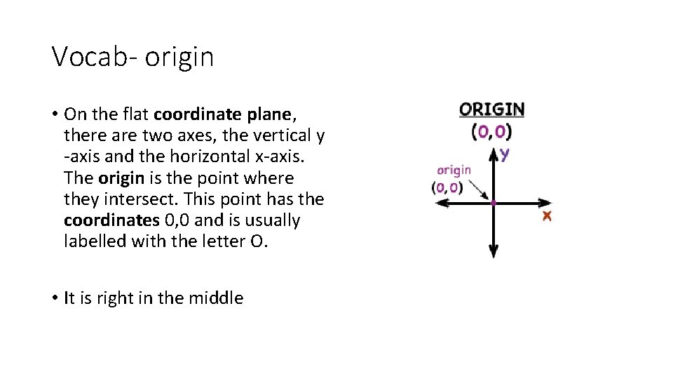 Vocab- origin • On the flat coordinate plane, there are two axes, the vertical Vocab- origin • On the flat coordinate plane, there are two axes, the vertical