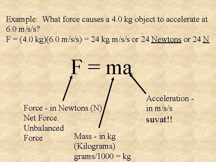 Example: What force causes a 4. 0 kg object to accelerate at 6. 0