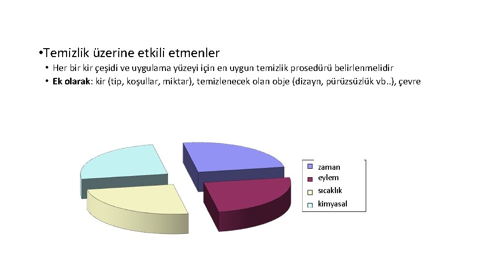  • Temizlik üzerine etkili etmenler • Her bir kir çeşidi ve uygulama yüzeyi