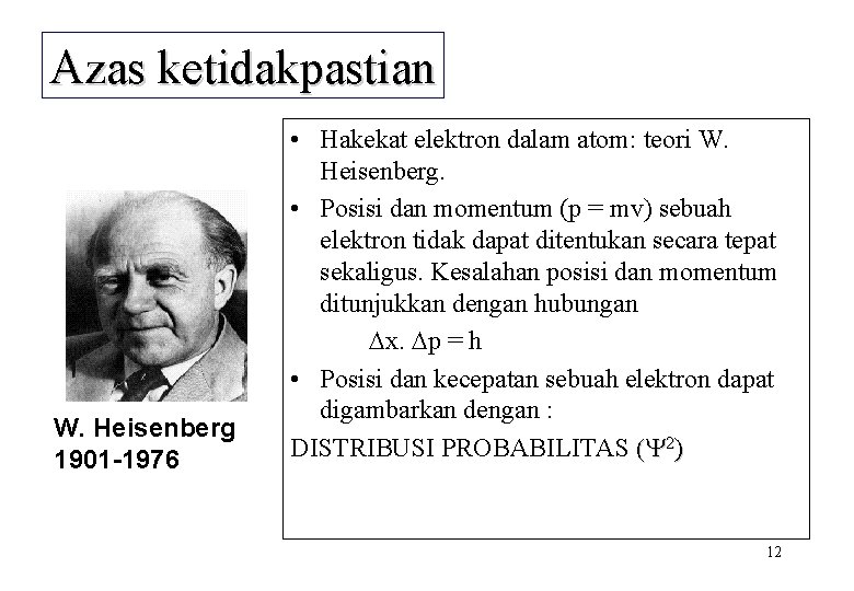 Azas ketidakpastian W. Heisenberg 1901 -1976 • Hakekat elektron dalam atom: teori W. Heisenberg.