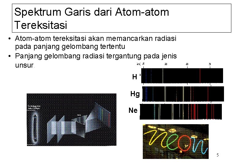 Spektrum Garis dari Atom-atom Tereksitasi • Atom-atom tereksitasi akan memancarkan radiasi pada panjang gelombang