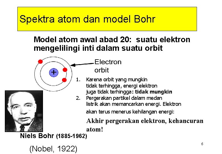 Spektra atom dan model Bohr Model atom awal abad 20: suatu elektron mengelilingi inti