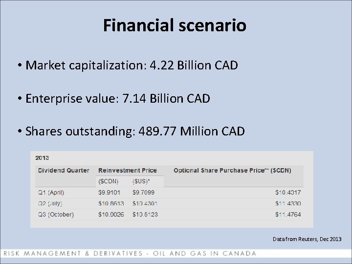 Financial scenario • Market capitalization: 4. 22 Billion CAD • Enterprise value: 7. 14