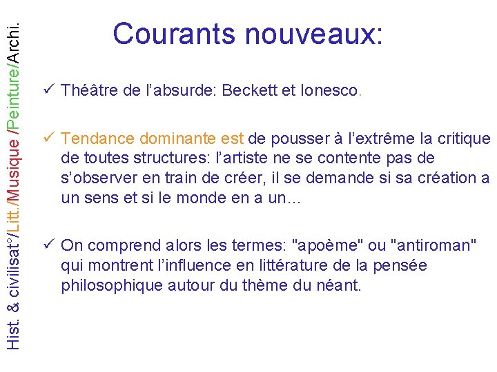Hist. & civilisat°/Litt. /Musique /Peinture/Archi. Courants nouveaux: ü Théâtre de l’absurde: Beckett et Ionesco.