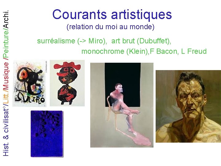 Hist. & civilisat°/Litt. /Musique /Peinture/Archi. Courants artistiques (relation du moi au monde) surréalisme (->