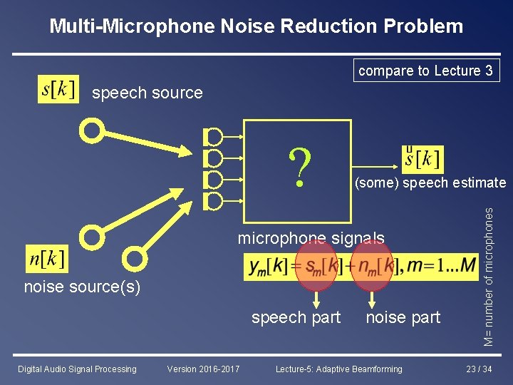 Multi-Microphone Noise Reduction Problem compare to Lecture 3 speech source (some) speech estimate microphone