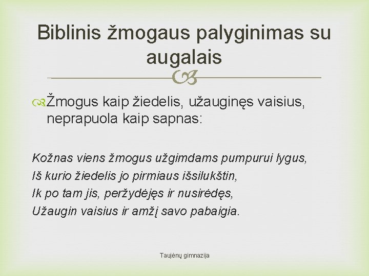 Biblinis žmogaus palyginimas su augalais Žmogus kaip žiedelis, užauginęs vaisius, neprapuola kaip sapnas: Kožnas