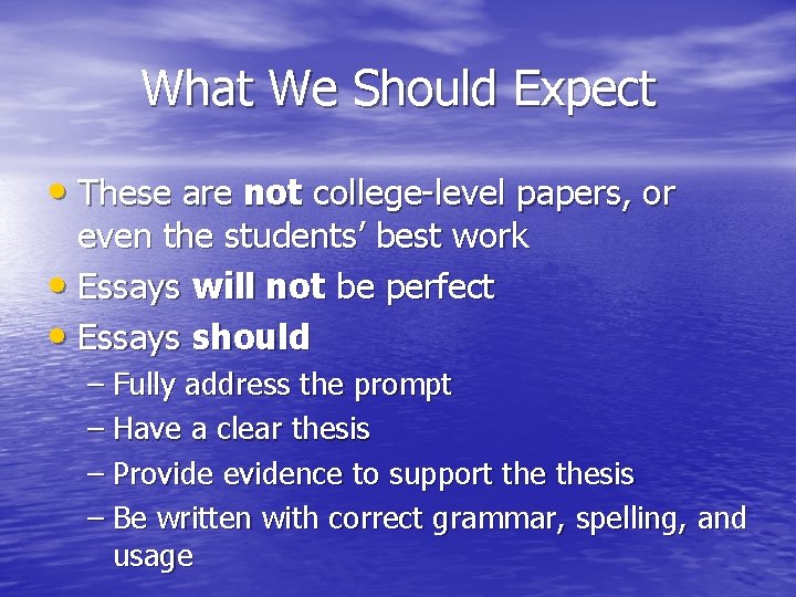 What We Should Expect • These are not college-level papers, or even the students’