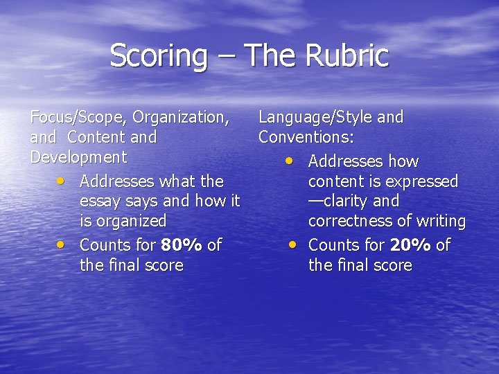 Scoring – The Rubric Focus/Scope, Organization, and Content and Development • Addresses what the