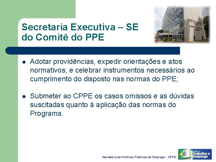 Secretaria Executiva – SE do Comitê do PPE l Adotar providências, expedir orientações e