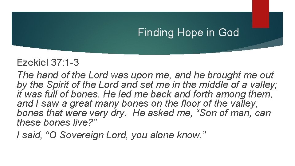 Finding Hope in God Ezekiel 37: 1 -3 The hand of the Lord was