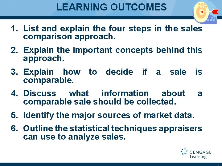 LEARNING OUTCOMES 1. List and explain the four steps in the sales comparison approach.