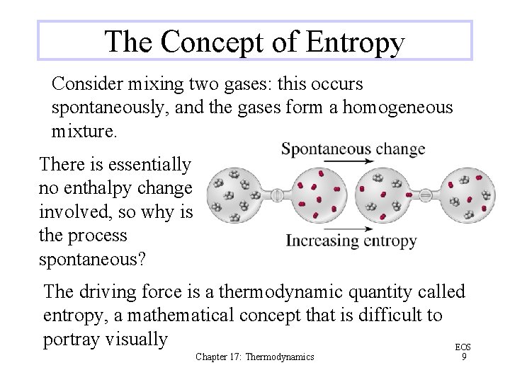 The Concept of Entropy Consider mixing two gases: this occurs spontaneously, and the gases